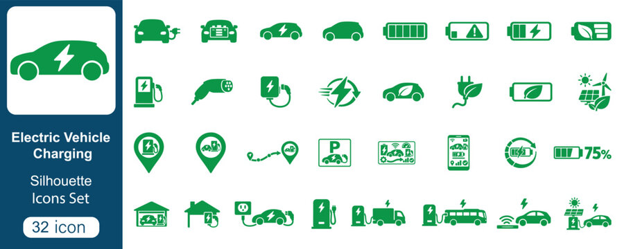 Electric Vehicle Charging Silhouette Icons Set, EV Car Battery Charger Station Eco Energy Transportation Black Solid Icon Collection