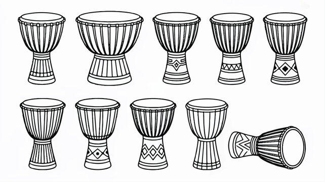 Set of various traditional african djembe drums with decorative patterns