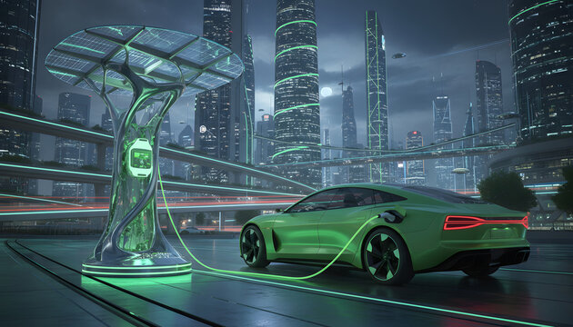 A futuristic green electric car charges at a solar powered station in a glowing advanced urban metropolis at night