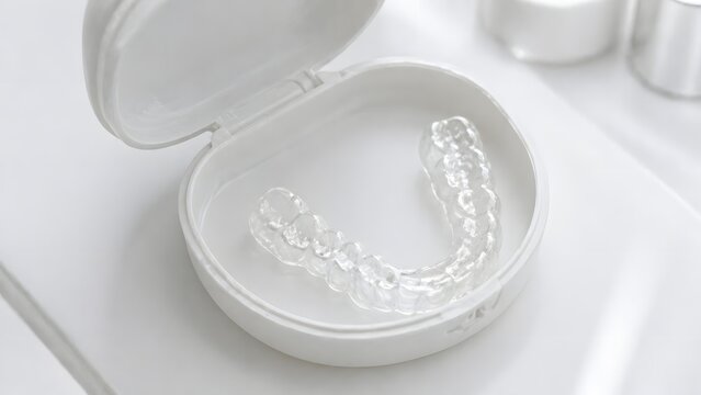 Close up of a clear plastic dental aligner in a white protective storage case