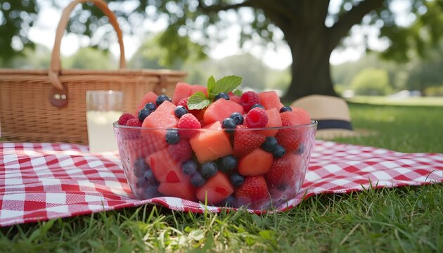 A refreshing fruit salad is served at a sunny park picnic with a basket and drink