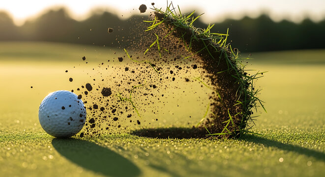 Golf ball impact on the green creating a dynamic visual effect.