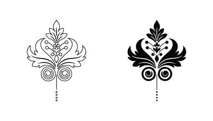 Elegant ornamental damask floral motif set in outline and solid black styles for luxury pattern design and decorative graphic projects © John