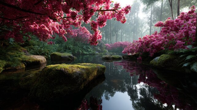 In a tranquil garden, vivid pink blossoms surround a still pond, their reflections dancing on the water's surface. Soft mist lingers among lush greenery, creating a peaceful atmosphere