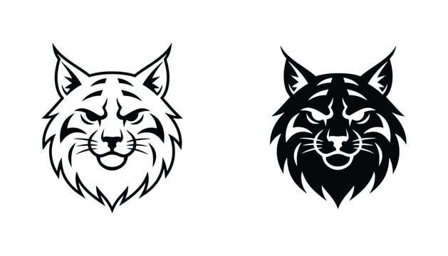 Fierce bobcat head mascot icon set in outline and solid black styles for sports team branding or wildlife graphic design projects