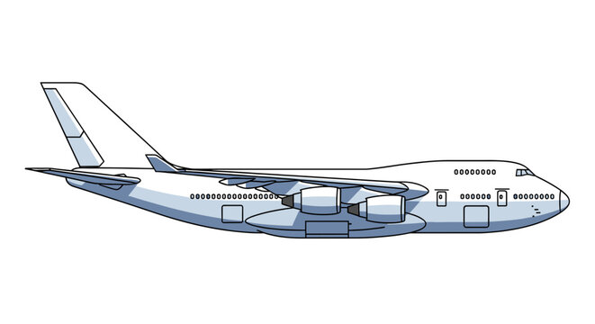 Side profile illustration of a large wide-body four-engine jet airplane, depicted in a light blue and white color scheme, against a plain white background.