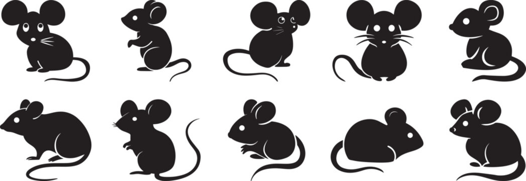 A set of 10 Rat and mouse silhouette vector, black and white silhouette vector illustration