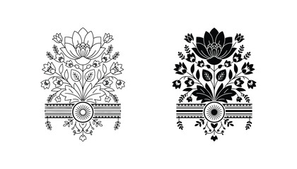 Ornate floral motif vector graphic featuring intricate blossoms and decorative scrollwork with both line art and solid black silhouette styles for traditional textile and surface pattern design © John