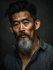 Obraz premium Portrait of a serious middle-aged Asian man with grey hair, neutral grey background