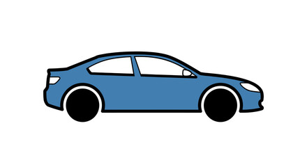 Naklejka premium A simple, clean, blue sedan car illustration with black wheels, viewed from the side.