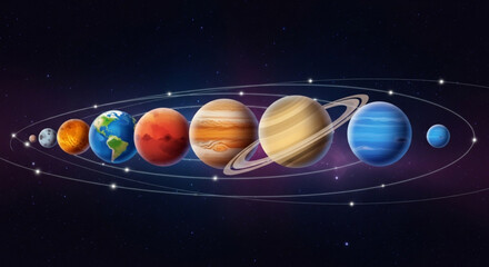 Planets in our solar system orbiting around the sun in space with stars © Shah