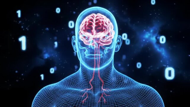 glowing blue wireframe human model with pulsating red brain in crystalline skull, motionless in abstract deep blue cosmic void with data particles, advanced AI concept