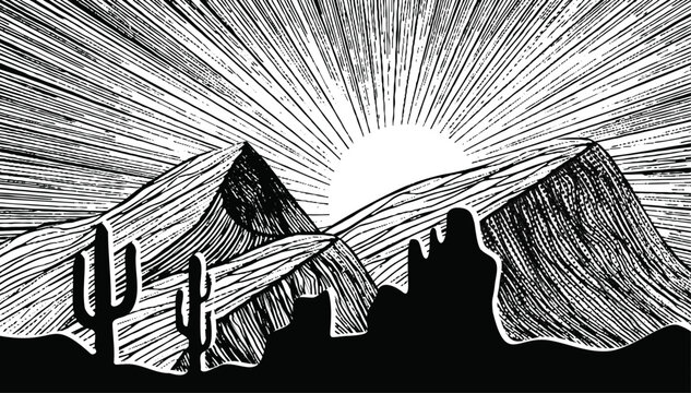 Vintage desert mountain landscape with radiating sun rays in engraved line art style.