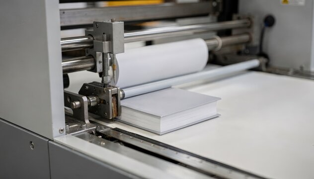 Automated print pod producing a single proof copy book lens focused on the precise bookbinding mechanism with the surrounding environment softly out of focus.