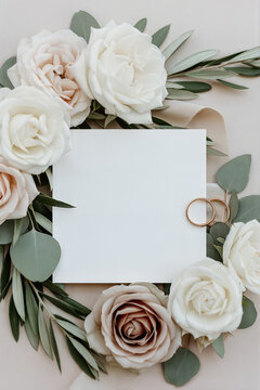 Square 5x5 wedding card mockup with gold rings. Aesthetic flat lay on beige background with white roses, eucalyptus, and olive branches. Elegant bridal stationery template.