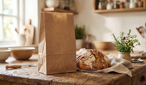 Blank brown kraft paper bakery bag mockup with artisanal bread