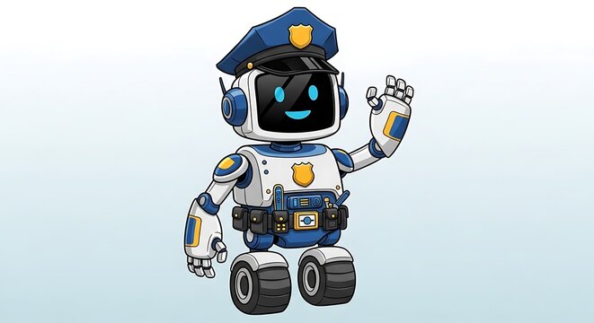 Friendly police robot waving hello.
