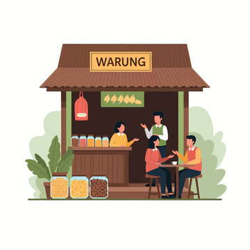 Authentic Indonesian Warung Traditional Shop Vector Illustration, Local Community Hub and Small Business Concept for Cultural and Social Content