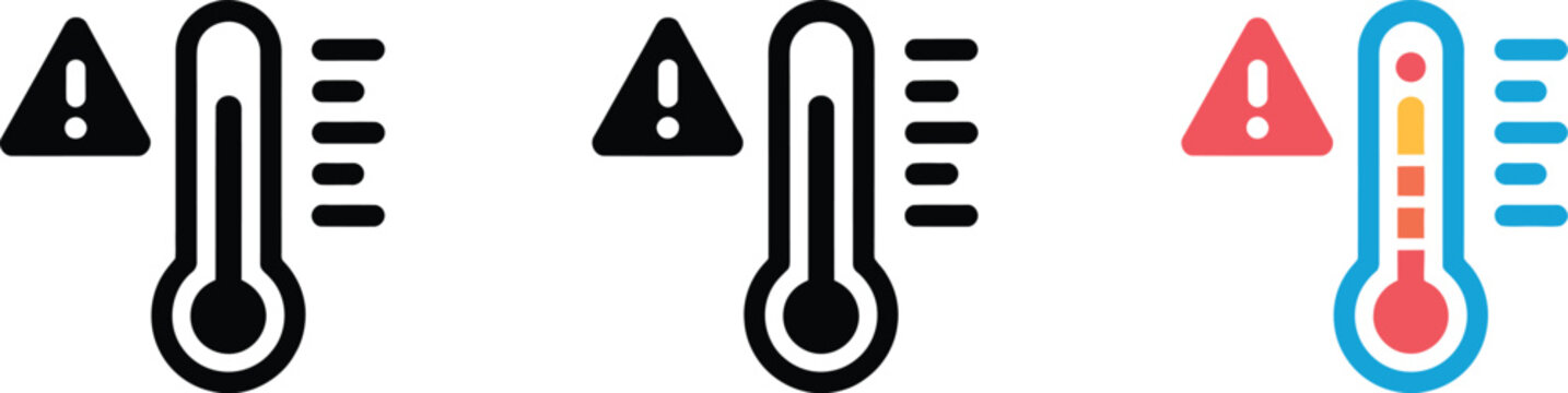 Thermometer icon with threat level warning symbol vector in line black and colorful styles isolated