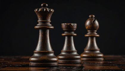 Fototapeta premium Three antique wooden chess pieces including a queen, rook, and bishop standing on a chessboard