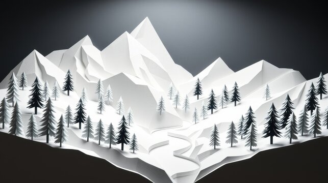Papercraft mountains, snowy landscape, stylized trees. Winter scene evokes calm, quiet beauty. Minimalist design, grayscale palette.