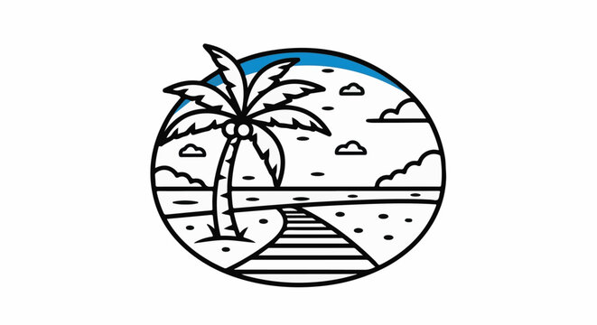 Stylized tropical beach scene with a path and palm tree in a circle