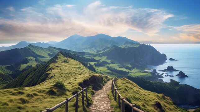 Mountain landscape Ponta Delgada island, Mountain landscape with hiking trail and view of beautiful lakes Ponta Delgada, Sao Miguel Island, Azores, Portugal.