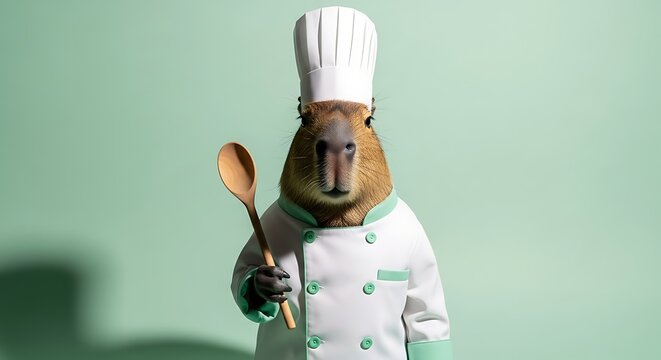 Cute Anthropomorphic Capybara Chef Wearing a White Uniform and Hat Holding a Wooden Spoon on a Pastel Green Background