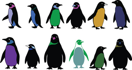A collection of cartoon penguin icons and wildlife vector illustrations featuring beautiful arctic birds in a winter natural setting. © MdNurul