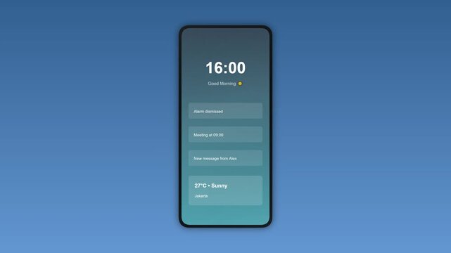 A smartphone screen displays the time 16:00 on a blue gradient background with blurred text and icons.