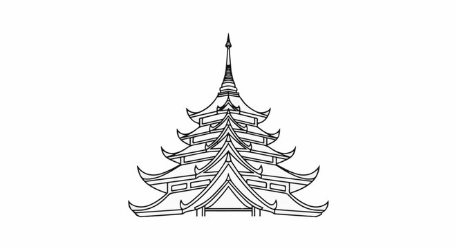 Stylized, multi-tiered pagoda structure with pointed spire and curved rooflines