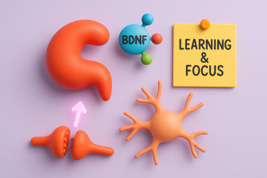 Positive concept for learning and focus with neuron, synapse, and hippocampus. Neuroscience illustration of brain memory and growth on soft lavender background