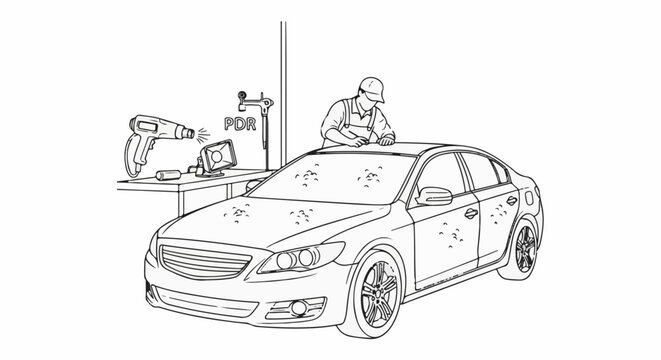 Technician repairs hail damage on a car with specialized tools and equipment