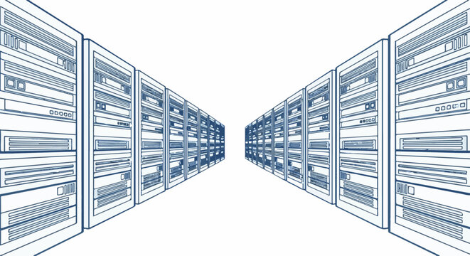 Stylized perspective of multiple server racks receding into white space