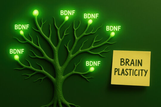 Conceptual illustration of brain plasticity and neuroplasticity. luminous tree neuron with BDNF represents growth, learning, and memory, key concept in neuroscience for brain health