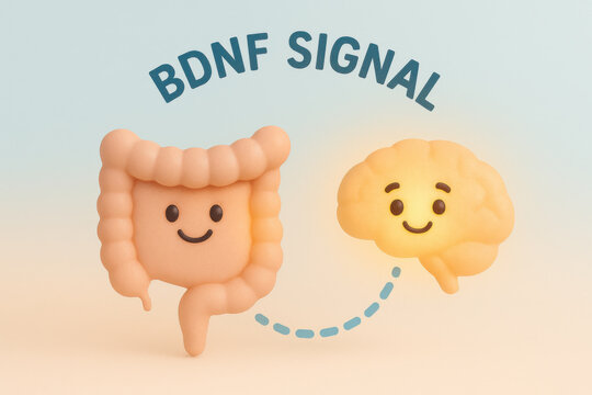 Smiling intestine and glowing brain illustrate BDNF signal connection. This happy gut brain axis concept on minimal pastel background explains biology with cute mascot