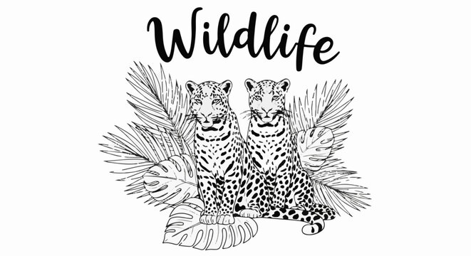 Two black and white leopards sit among lush tropical leaves
