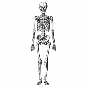 Detailed front view illustration of a full human skeleton, showcasing the complete anatomical bone structure for scientific study.