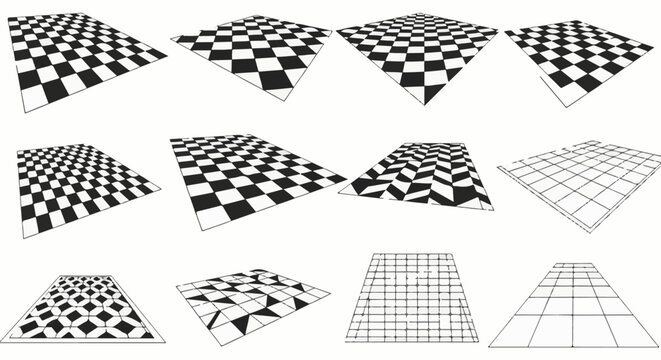 Twelve perspectives of checkered and patterned surfaces with varying depths and distortions