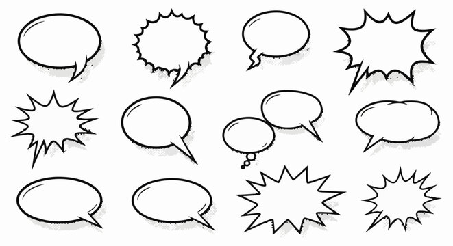 Twelve comic style speech and thought bubbles with grunge effect