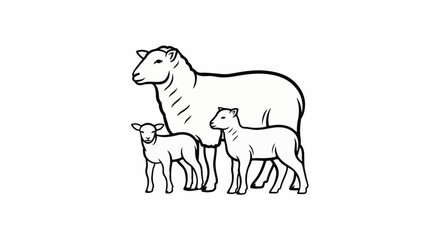 Obraz premium Stylized line drawing of a sheep and two lambs on white