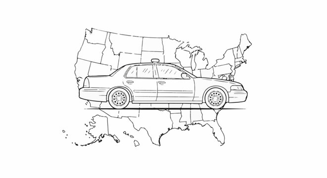 Stylized outline of a patrol car superimposed over a United States map