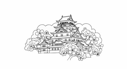 Obraz premium Traditional tiered castle structure with blooming cherry trees