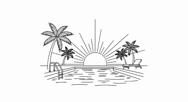 Tropical pool scene with palm trees, chaise lounge, and radiant sun