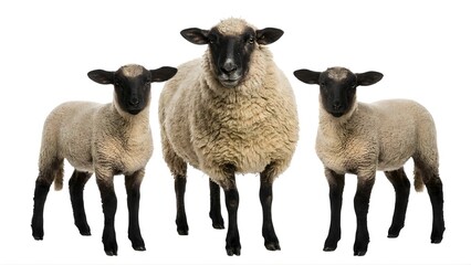Fototapeta premium Three sheep standing together on transparent background looking directly at the camera with their distinctive black faces and legs