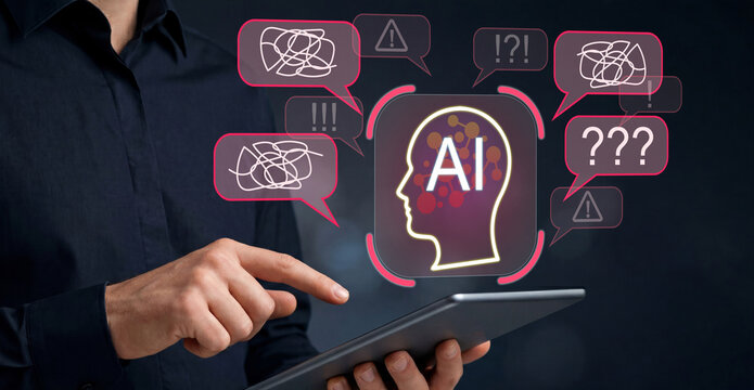 AI misinformation and incorrect responses in chatbot communication. AI hallucination. Risk of false data and misleading AI-generated content. Businessman using tablet interacting with AI system.