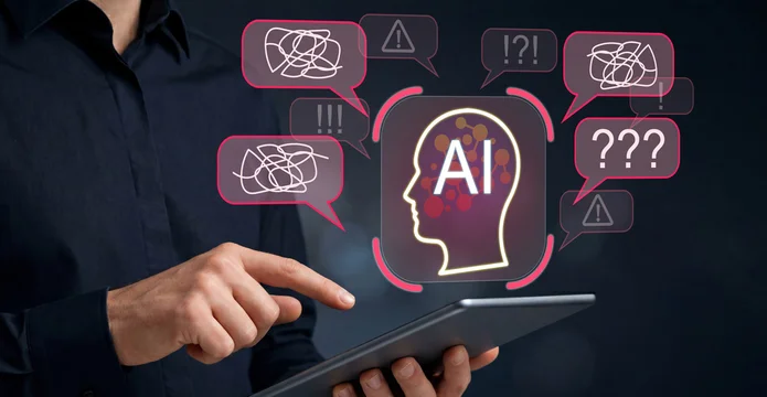 AI misinformation and incorrect responses in chatbot communication. AI hallucination. Risk of false data and misleading AI-generated content. Businessman using tablet interacting with AI system.