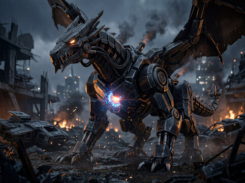 Cinematic mecha dragon in dark futuristic battlefield with glowing energy