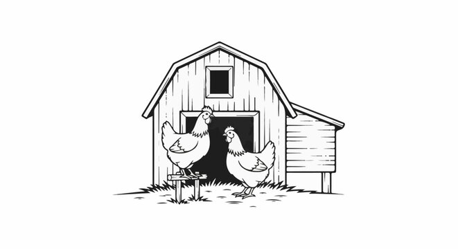 Two chickens stand near a rustic barn with an open doorway