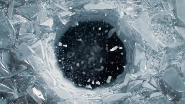 Extreme close-up overhead video of light gray, frosted ice-like surface shattering into glittering particles revealing a black void, then seamlessly reforming. Abstract transformation concept